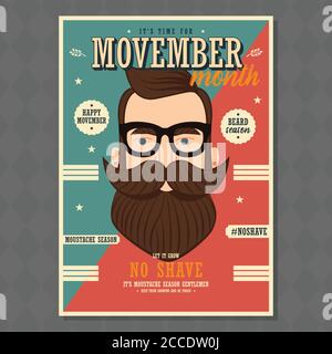 Poster design di Movember, consapevolezza del cancro alla prostata, uomo hipster con barba e baffi, illustrazione vettoriale Illustrazione Vettoriale