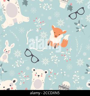 Senza cuciture Merry Natale modelli con cute animali polari, orsi, conigli, vettore illustrazione Illustrazione Vettoriale