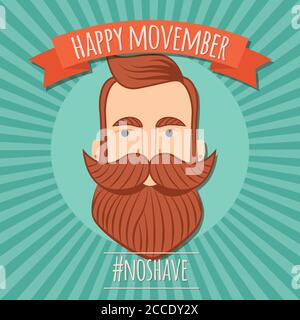 Poster design di Movember, consapevolezza del cancro alla prostata, uomo hipster con barba e baffi, illustrazione vettoriale Illustrazione Vettoriale