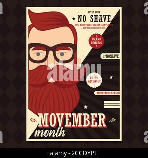 Poster design di Movember, consapevolezza del cancro alla prostata, uomo hipster con barba e baffi, illustrazione vettoriale Illustrazione Vettoriale