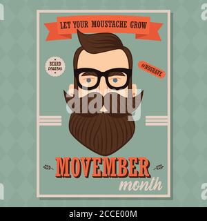 Poster design di Movember, consapevolezza del cancro alla prostata, uomo hipster con barba e baffi, illustrazione vettoriale Illustrazione Vettoriale