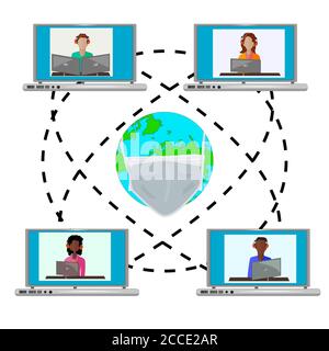 Mappa del mondo con maschera e computer portatili con avatar isolati su sfondo bianco. International online School, meeting, lavoro, studio, istruzione da casa. COM Illustrazione Vettoriale