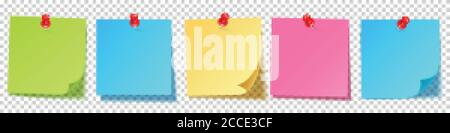 Note adesive vuote realistiche isolate su sfondo bianco. Fogli colorati di carte da note con spilla. Promemoria cartaceo. Illustrazione vettoriale. Illustrazione Vettoriale