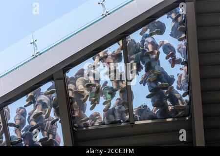 Kiev (Kiev), pavimento in vetro Klitschko pedone-bicicletta ponte, persone fotografate da sotto a Kiev, Ucraina Foto Stock