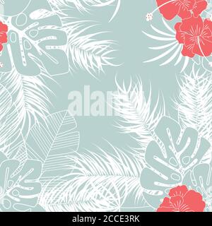 Estate motivo tropicale senza cuciture con foglie di palma monstera e fiori su sfondo blu, illustrazione vettoriale Illustrazione Vettoriale