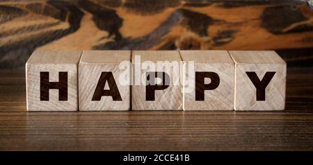 Happy Word scritto in cubetti di legno Foto Stock