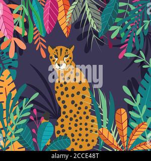 Carino esotico selvaggio grande ghepardo di gatto seduto su sfondo tropicale scuro con raccolta di piante esotiche. Illustrazione vettoriale piatta Illustrazione Vettoriale