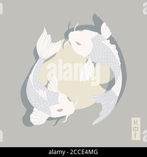 Due pesci koi di carpa che nuotano intorno al sole, stile giapponese tradizionale, illustrazione vettoriale Illustrazione Vettoriale