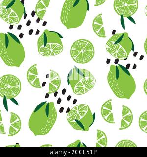Frutta modello senza giunture, lime con foglie ed elementi astratti su sfondo bianco. Design vivace per l'estate. Frutta esotica tropicale. Vettore colorato ill Illustrazione Vettoriale
