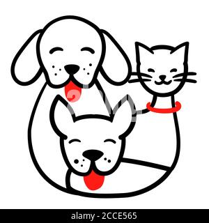 Felice animale domestico illustrazione disegnata a mano linea. I cani e i gatti insieme con il logo rotondo del doodle per i momenti salienti. Carta vettoriale per animali domestici. Tre divertente schizzo animale isolato su sfondo bianco. Illustrazione Vettoriale