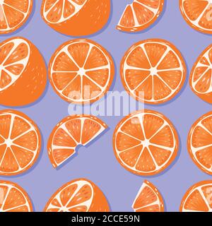 Frutta senza cuciture motivo, arance con ombra su sfondo viola. Design vivace per l'estate. Frutta esotica tropicale. Illustrazione vettoriale colorata Illustrazione Vettoriale