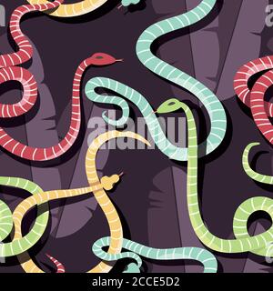 Modello senza cuciture con serpenti colorati a strisce di foresta pluviale, illustrazione vettoriale Illustrazione Vettoriale