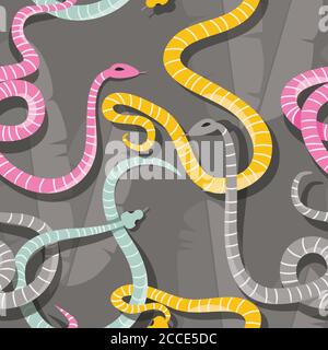 Modello senza cuciture con serpenti colorati a strisce di foresta pluviale, illustrazione vettoriale Illustrazione Vettoriale