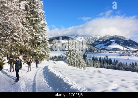 Hochfilzen, gente, sci di fondo, vista su Hochfilzen nelle Alpi di Kitzbühel, Pillersee tal (valle del Pillersee), Tirolo, Austria Foto Stock