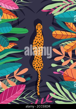 Carino esotico selvaggio grande ghepardo di gatto che cammina attraverso sfondo tropicale scuro con una collezione di piante esotiche. Illustrazione vettoriale piatta Illustrazione Vettoriale