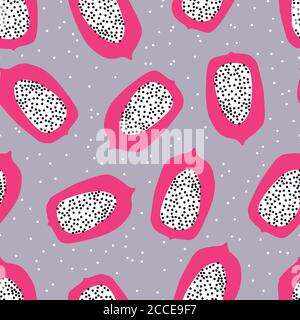Frutta senza cuciture motivo, papaya metà su sfondo viola chiaro punteggiato. Design vivace per l'estate. Frutta esotica tropicale. Illustrazione vettoriale colorata Illustrazione Vettoriale