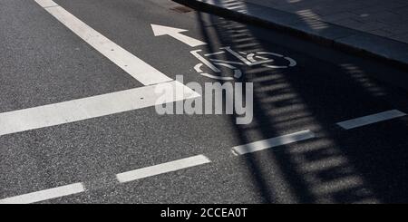 cartello ciclabile sulla strada da cui separare la pista ciclabile traffico automobilistico con freccia e altre linee sull'asfalto Foto Stock