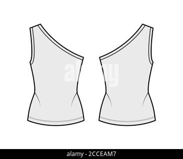 Canotta in Jersey stretch a una spalla illustrazione tecnica di moda con corpo montato, orlo allungato. Outwear piatto cami modello di abbigliamento anteriore, posteriore, colore grigio. Donna, uomo maglia unisex top mockup CAD Illustrazione Vettoriale