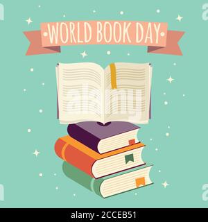Giornata mondiale del libro, libro aperto con banner festivo e pila di libri, illustrazione vettoriale Illustrazione Vettoriale