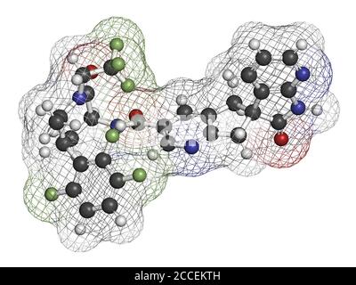 Molecola di farmaco di emicrania di Atogepant (inibitore di CGRP). Rendering 3D. Gli atomi sono rappresentati come sfere con codifica a colori convenzionale: Idrogeno (bianco), ca Foto Stock