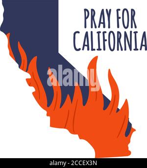 Illustrazione a sostegno della California meridionale dopo un incendio. Mappa dello stato della California, Flame e testo della California. Illustrazione Vettoriale