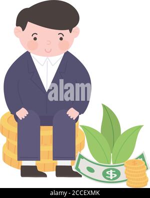 uomo d'affari felice seduto su monete soldi illustrazione del vettore finanziario di affari Illustrazione Vettoriale