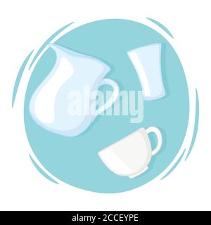 tazze di plastica o di vetro mockup bottiglie, caraffa tazza di caffè e icone di vetro illustrazione vettoriale Illustrazione Vettoriale