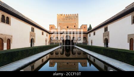 Granada (Spagna), Alhambra, Palacios Nazaries, patio de Arrayanes, Myrtenhof, panorama, riflessione Foto Stock