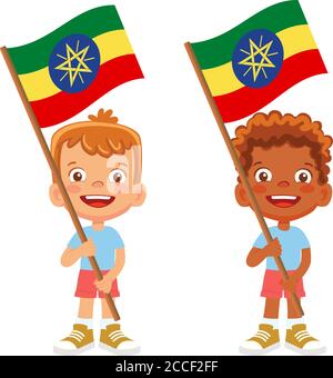 Bandiera dell'Etiopia in mano. Bambini con bandiera. Bandiera nazionale di Etiopia vettore Illustrazione Vettoriale