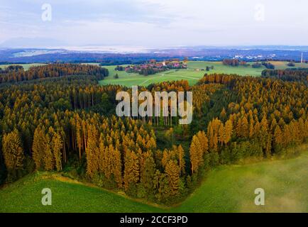 Foresta con villaggio Peretshofen vicino Dietramszell, Tölzer Terra, vista aerea, alta Baviera, Baviera, Germania Foto Stock