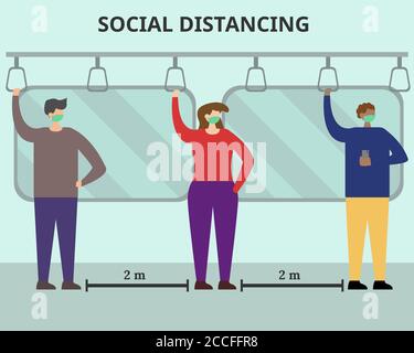 Illustrazione disegno vettoriale di distanziamento sociale nei trasporti pubblici. Evitare il virus per nuove attività normali Illustrazione Vettoriale