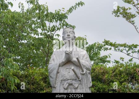 Nagasaki, Giappone-Giugno 08 2019 Statua di Amakusa Shiro alle rovine del castello di Hara a Shimabara, Nagasaki, Giappone. Fu guidato dalla ribellione di Shimabara (1637-38), An Foto Stock