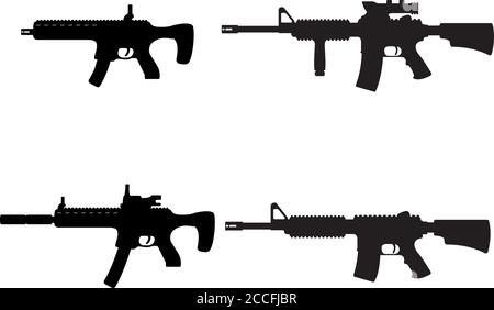 Set di armi militari submacchina pistola e fucile, icona auto difesa automatica arma concetto nero semplice vettore illustrazione, isolato su bianco. Riprese INS Illustrazione Vettoriale