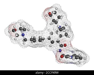 Tazemetostat cancro molecola di farmaco. Rendering 3D. Gli atomi sono rappresentati come sfere con codifica cromatica convenzionale: Idrogeno (bianco), carbonio (grigio), nit Foto Stock