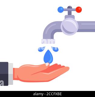 lavare le mani davanti a un rubinetto aperto con acqua su sfondo bianco. immagine vettoriale piatta. Illustrazione Vettoriale