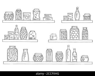 Scaffali set grafico nero bianco isolato schizzo può alimentare alimentari memorizzare il vettore di illustrazione Illustrazione Vettoriale