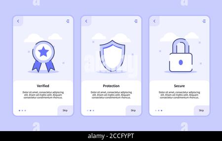 Protezione verificata per la sicurezza schermata di onboarding sicura per l'interfaccia utente della pagina di intestazione del modello di app mobili con tre varianti di stile moderno a struttura piatta. Illustrazione Vettoriale