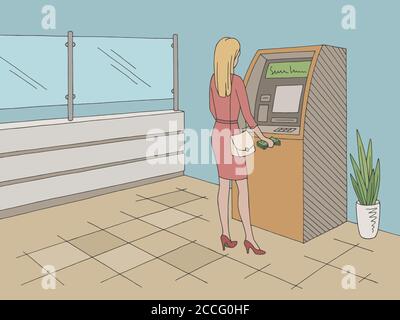 Donna che ritira denaro da un bancomat in un grafico interno bancario vettore di illustrazione dello schizzo a colori Illustrazione Vettoriale