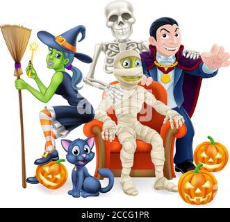 Halloween Fun Famiglia o amici Gruppo Cartoon Illustrazione Vettoriale