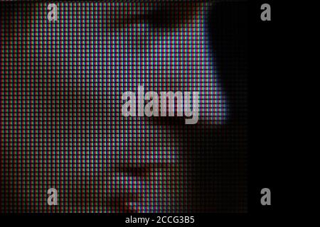 Lionel messi, il volto del giocatore di calcio del FC Barcellona, dettagli sullo schermo TV, primo piano Foto Stock