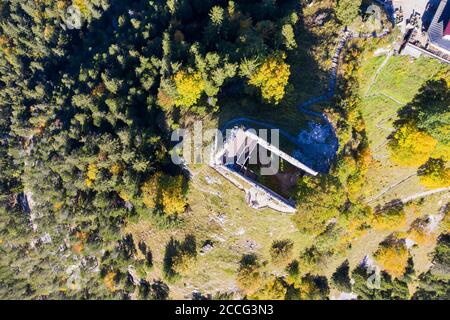 Ruin Falkenstein dall'alto, vicino a Pfronten, Ostallgäu, Allgäu, vista aerea, Svevia, Baviera, Germania Foto Stock