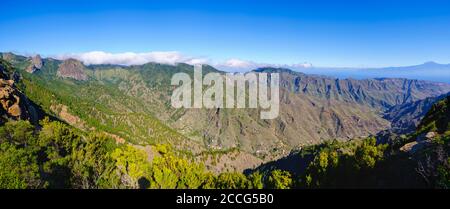 Monumento Natural de los Roques, insediamento di la Laja nel Barranco de la Villa, vicino a San Sebastian, la Gomera, Isole Canarie, Spagna Foto Stock