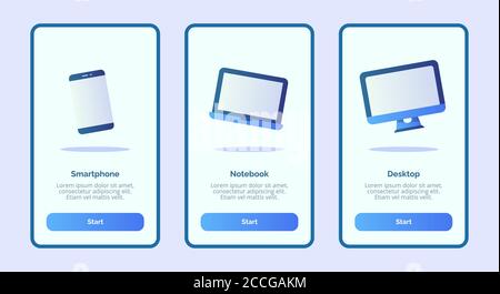 Interfaccia utente della pagina di intestazione del modello di smartphone notebook Desktop per applicazioni mobili con tre varianti di stile moderno e piatto Illustrazione Vettoriale