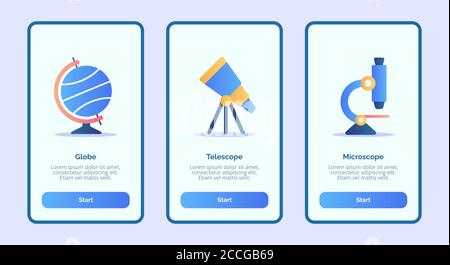 Microscopio telescopio globo per applicazioni mobili modello pagina banner UI con tre varianti stile moderno a colori piatti. Illustrazione Vettoriale