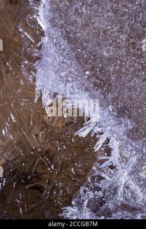 Cristalli di ghiaccio nel letto Isar stream con forme diverse e strutture Foto Stock