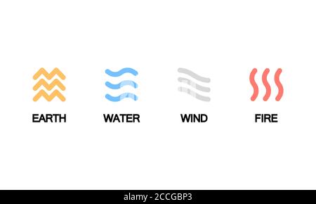 Icona quattro elementi. Terra, acqua, vento e fuoco. Vettore su sfondo bianco isolato. EPS 10 Illustrazione Vettoriale