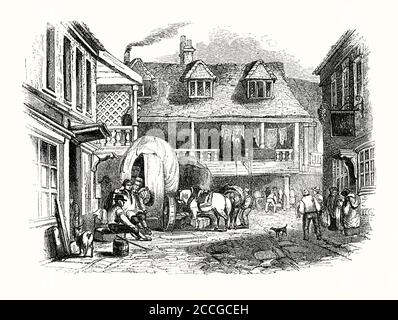 Una vecchia incisione del 'Tabard' (o ‘Talbot') alla fine del 1700. I letti sono ventilati al piano superiore. Le merci vengono caricate sui carri. L'albergo si trovava a Borough High St, Southwark, Londra, Inghilterra, Regno Unito. Fu fondata nel 1307 e si trovava sulla rotta pullman a sud di Londra. Il Tabard ha accolto persone che hanno fatto il pellegrinaggio alla Cattedrale di Canterbury (Chaucer la menziona in 'The Canterbury Tales'). Nel 1676 l'incendio distrusse la locanda. Fu ricostruita e ribattezzata Talbot. Ha tratto profitto dalla crescita del traffico di diligenza tra Londra e i porti del canale. Fu demolito nel 1873. Foto Stock