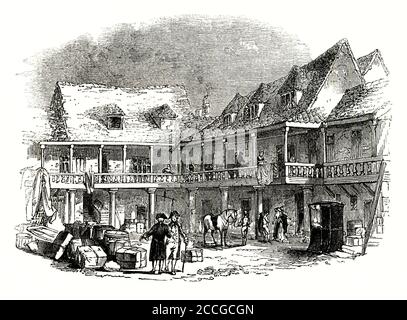 Una vecchia incisione del cortile del 'Tabard' (o ‘Talbot') alla fine del 1700. I letti sono ventilati al piano superiore. I bagagli si trovano nel cortile. L'albergo si trovava a Borough High St, Southwark, Londra, Inghilterra, Regno Unito. Fu fondata nel 1307 e si trovava sulla rotta pullman a sud di Londra. Il Tabard ha accolto persone che hanno fatto il pellegrinaggio alla Cattedrale di Canterbury (Chaucer la menziona in 'The Canterbury Tales'). Nel 1676 l'incendio distrusse la locanda. Fu ricostruita e ribattezzata Talbot. Ha tratto profitto dalla crescita del traffico di diligenza tra Londra e i porti del canale. Fu demolito nel 1873. Foto Stock