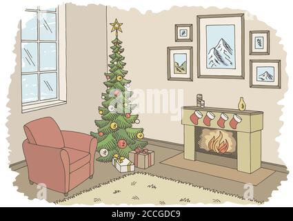 Living room grafica albero di Natale colore interno schizzo illustrazione vettore Illustrazione Vettoriale