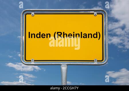 Ortstafel Inden (Rheinland), Nordrhein-Westfalen, Deutschland | indicazione della località Inden (Rheinland), Renania Settentrionale-Vestfalia, Germania, Europa Foto Stock